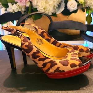 Nine West - Leopard Print - Black and Red Patent Leather Peep Toe Pumps
